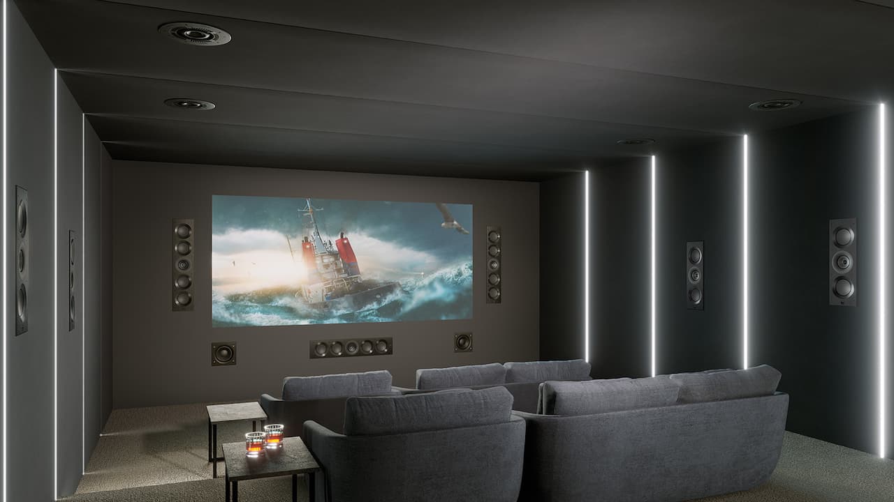 KEF home theater with in-wall speakers and tiered seating