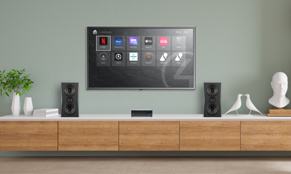 Living room audio system with streaming amplifier and Control4 TV interface