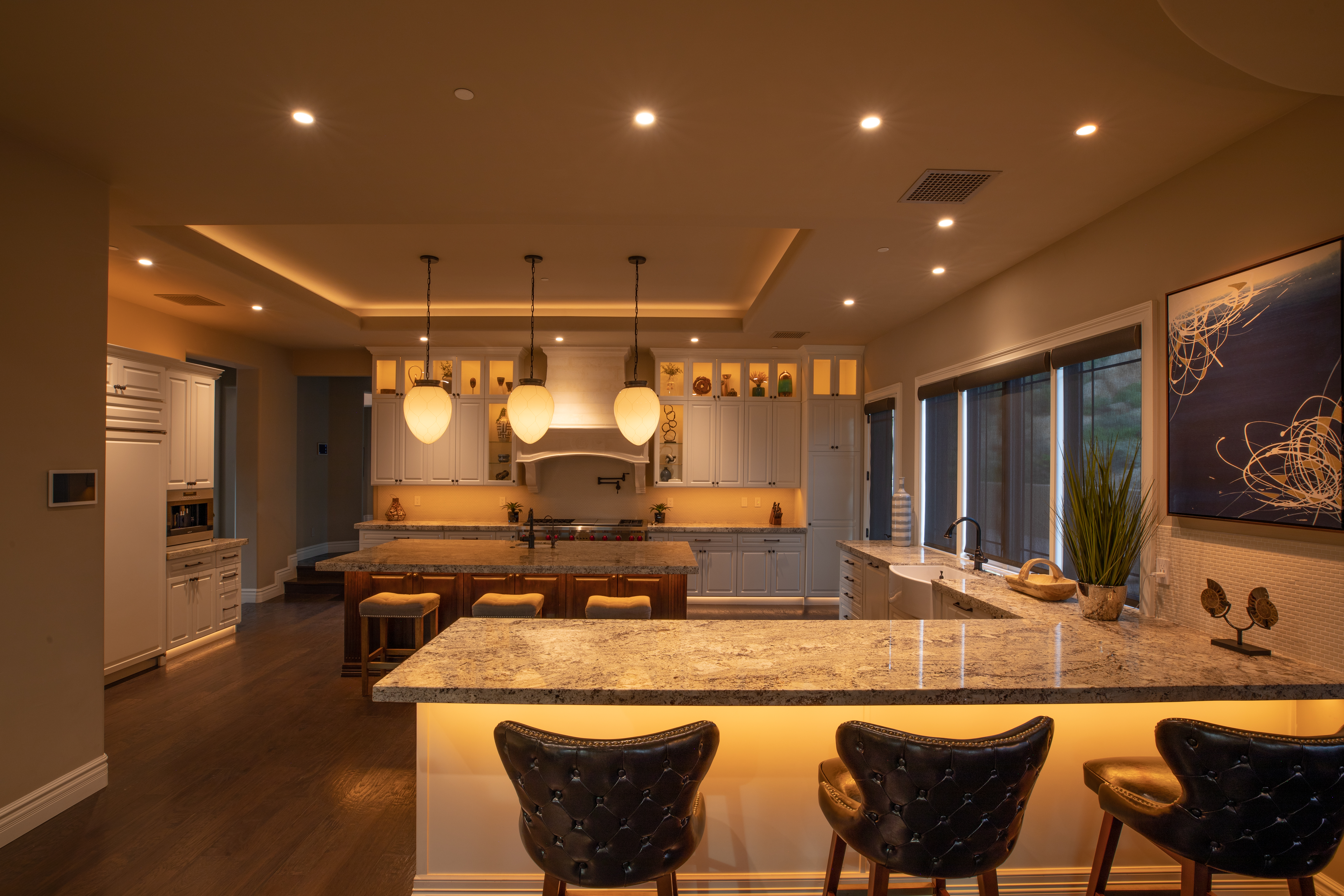 Kitchen with warm ambient lighting